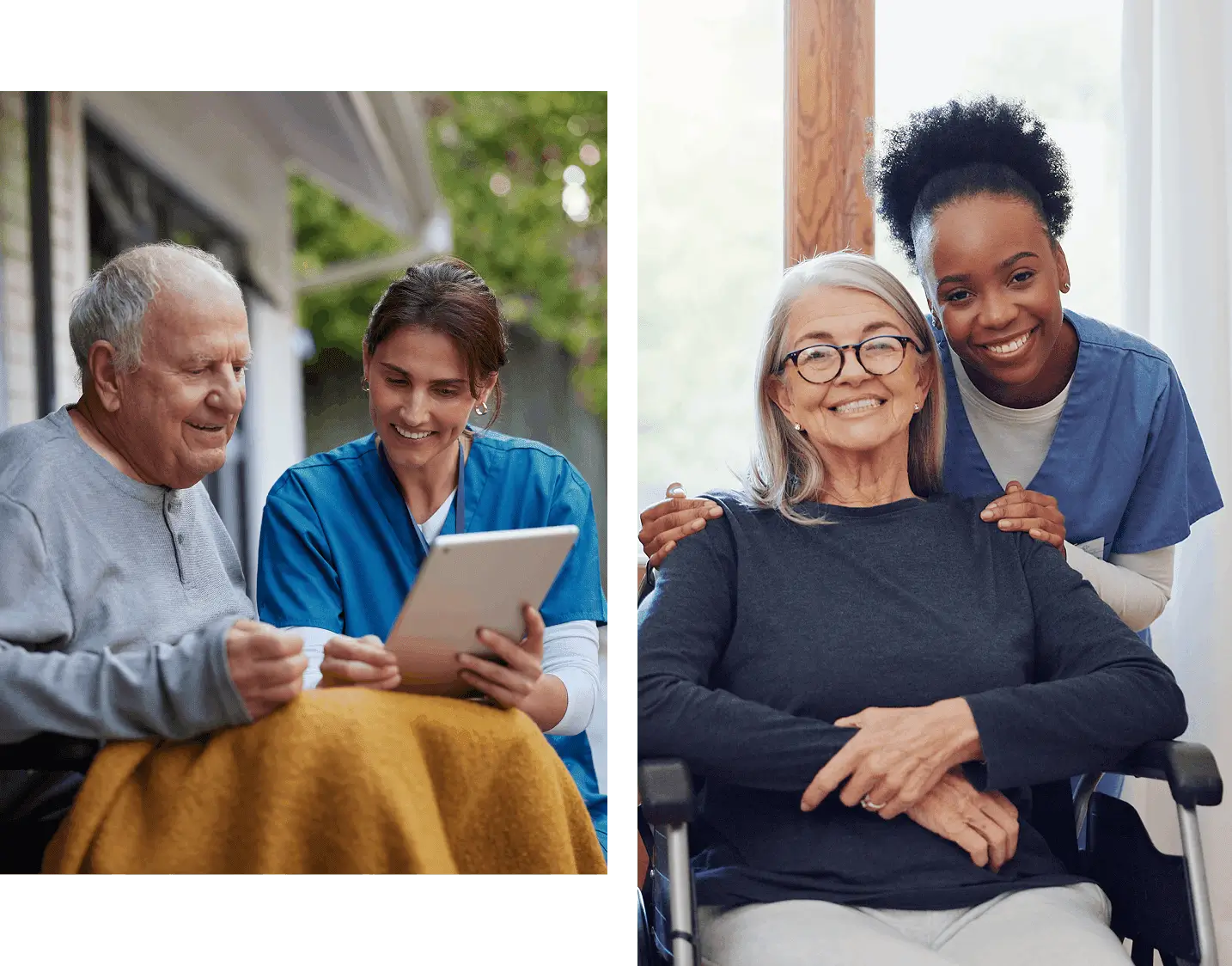 Caregivers assisting elderly individuals with technology.